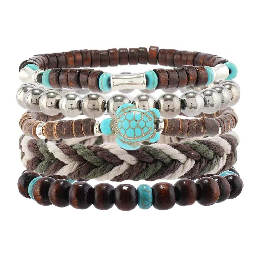 Wholesale Turquoise Turtle Retro Wooden Beads Wax Rope 5-Piece Braided Bracelet Set